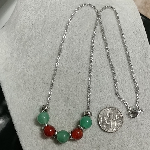 Red Carnelian Green Aventurine Natural Gemstone Necklace Stainless-Steel Crystal - Picture 13 of 13
